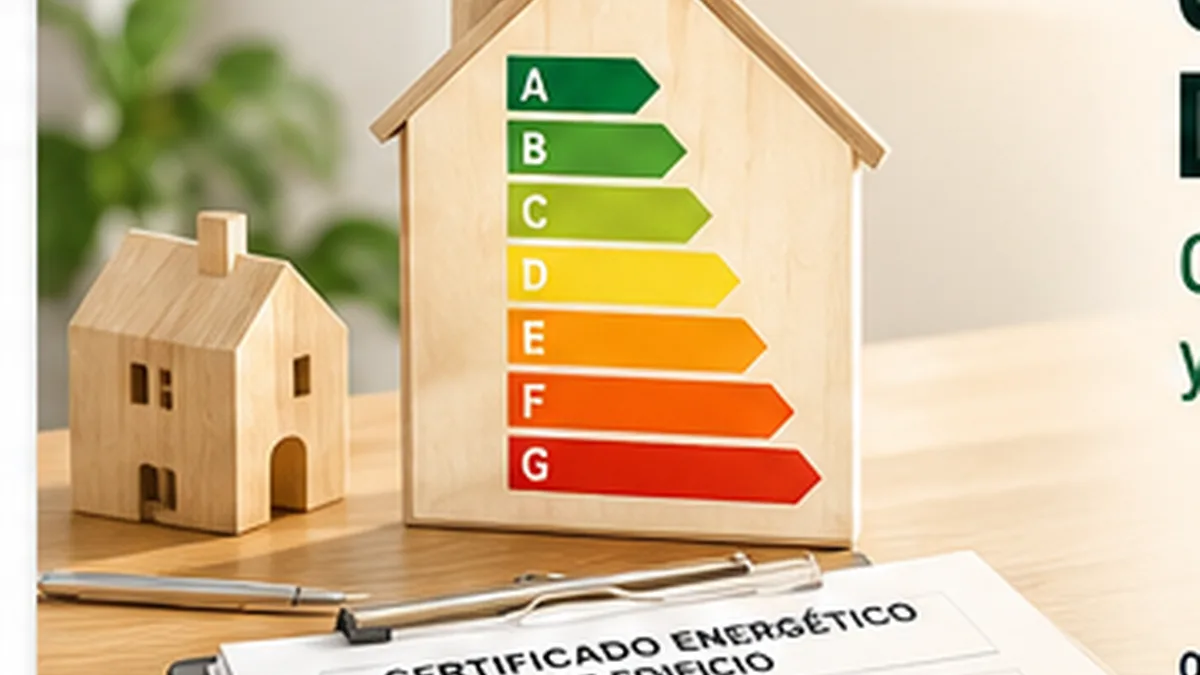 Maquetas de viviendas junto a una escala de calificación energética de A a G