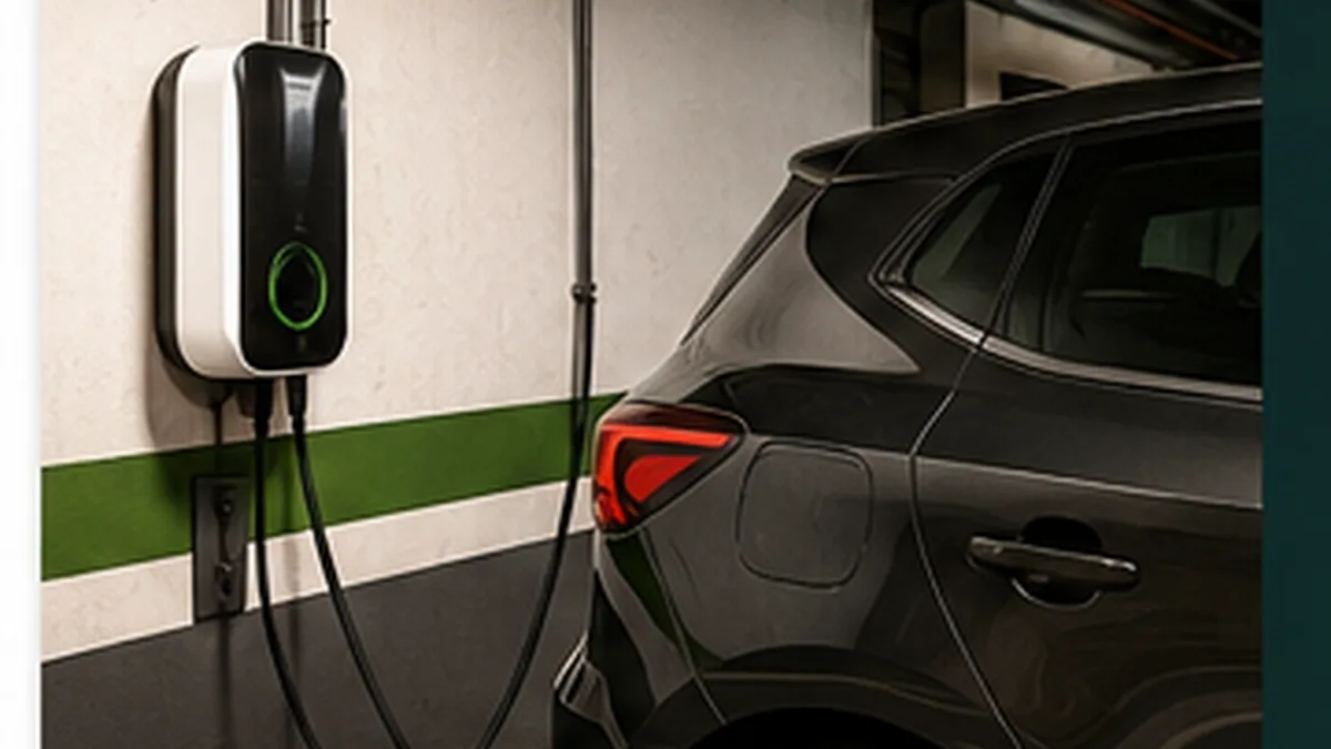 Punto de recarga para coche eléctrico instalado en una plaza de garaje comunitario