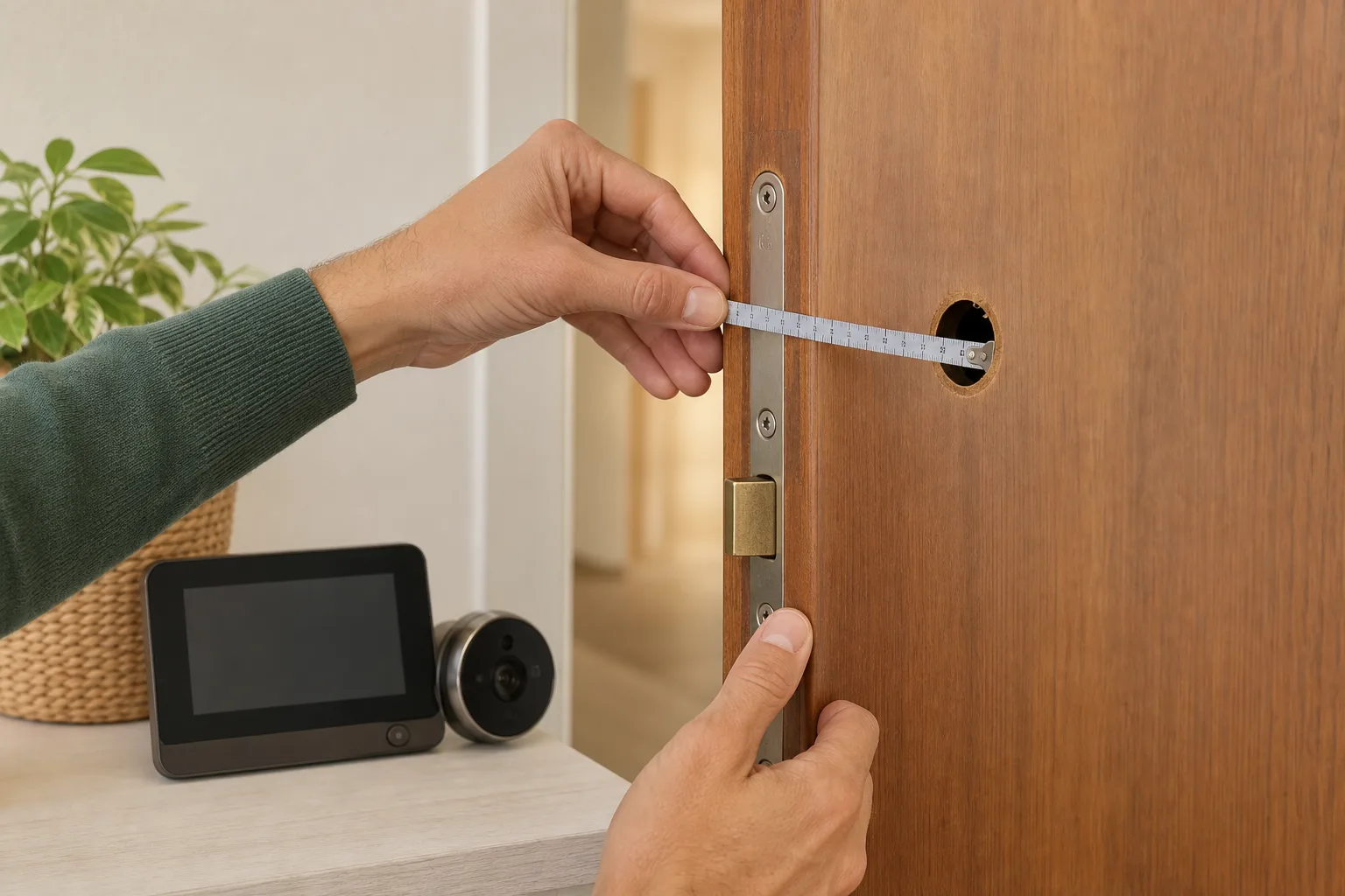 Medición del grosor y del orificio de una puerta antes de instalar una mirilla digital